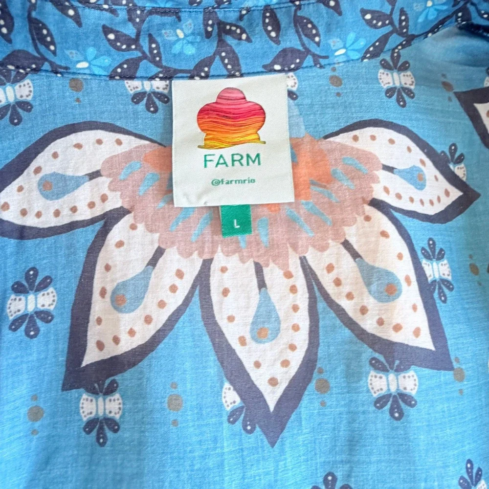 Farm Rio Blue Ainika Chill Maxi Shirtdress Pintuck Balloon Sleeve Cotton, L - Picture 5 of 11